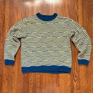 100% Cashmere 
The Elder Statesman Geometric Blue and Yellow Crewneck Sweater